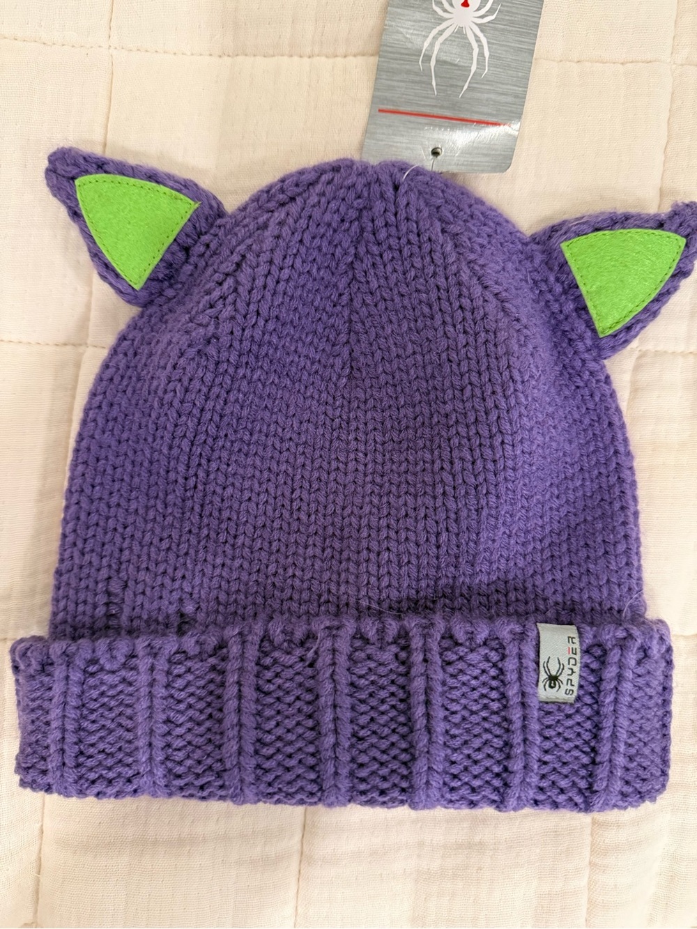 NWT | Spyder Kids One Size Ski Beanie Knit Cat Ear Purple and Green - Picture 12 of 16